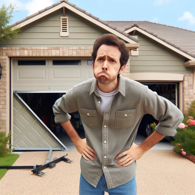 DALL·E 2024 05 29 22.04.04 A homeowner looking frustrated while trying to open a malfunctioning garage door. The homeowner is standing with a confused expression hands on their