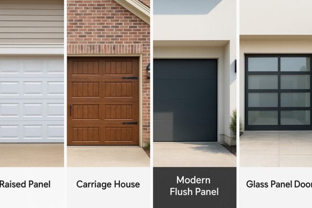 A new garage door installation comparison showing four distinct styles: Raised Panel, Carriage House, Modern Flush Panel, and Glass Panel Door, each fitted on different home exteriors, illustrating how various designs enhance curb appeal.