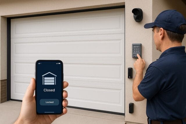 New garage door installation with roll-up style, smart opener setup, safety sensors, keypad entry, and app showing locked status.