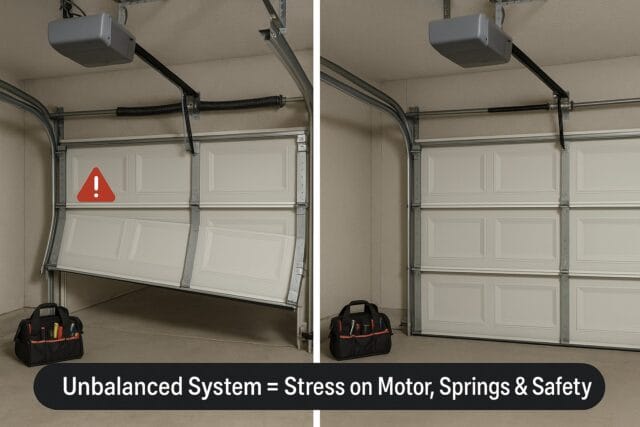 Comparison of garage door parts showing effects of unbalanced system on springs, motor, and safety.