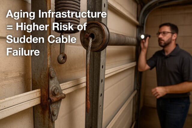 Technician inspecting rusty garage door parts highlighting risk of sudden cable failure.