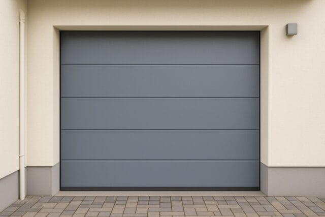 sectional new garage door with a smooth gray sectional design, set against a modern cream exterior and tiled driveway.