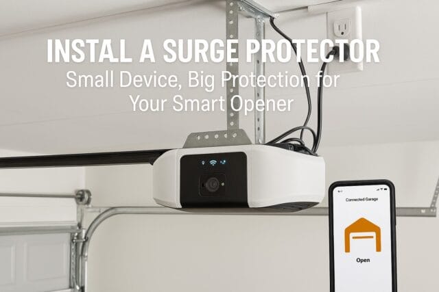 Smart garage door opener connected to surge protector with mobile app, promoting garage door service for secure and reliable operation.