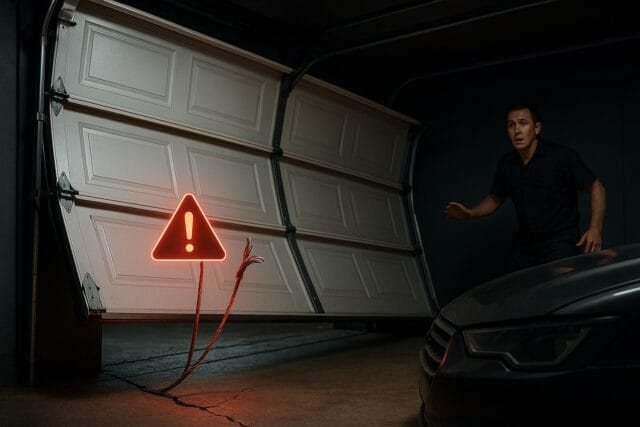 Man alarmed by garage door collapse due to snapped cables, highlighting urgent need for professional garage door service.