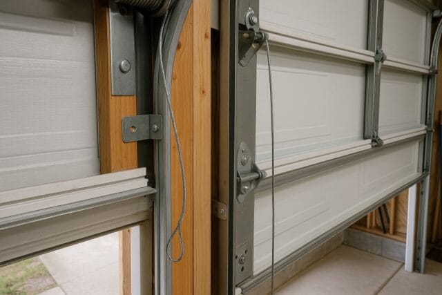 Close-up of garage door cable issue affecting garage door sensors.