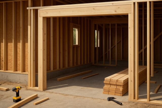 Garage door framing in progress with wooden studs and construction tools