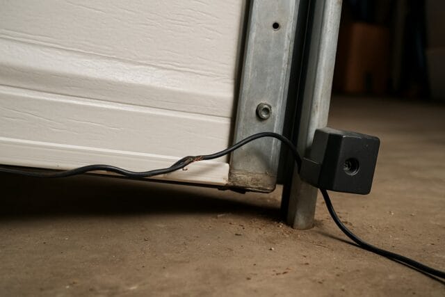 Damaged wire connected to garage door sensors near bottom of door.