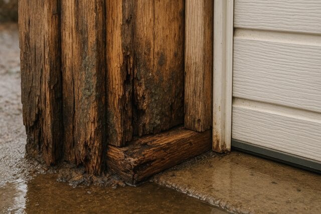Water-damaged garage door framing with rotting wood near base.