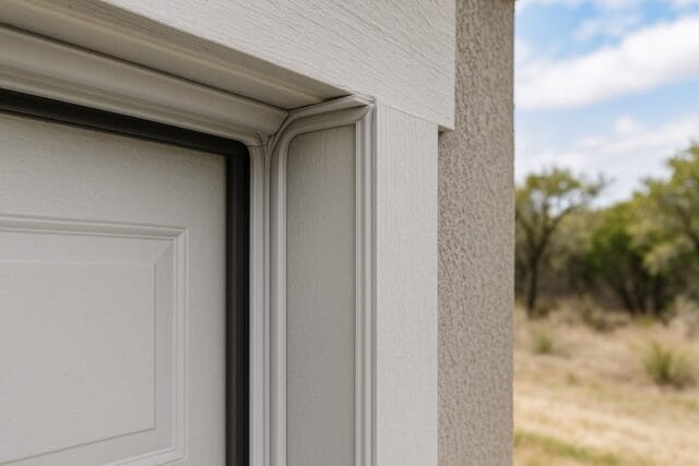 Garage door weather stripping on top and side seals for improved protection.