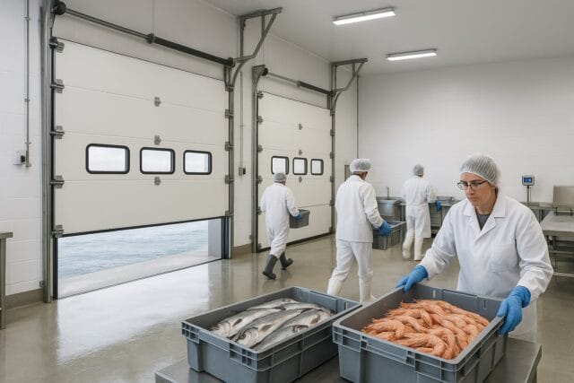 Workers handling seafood inside facility with modern garage doors.