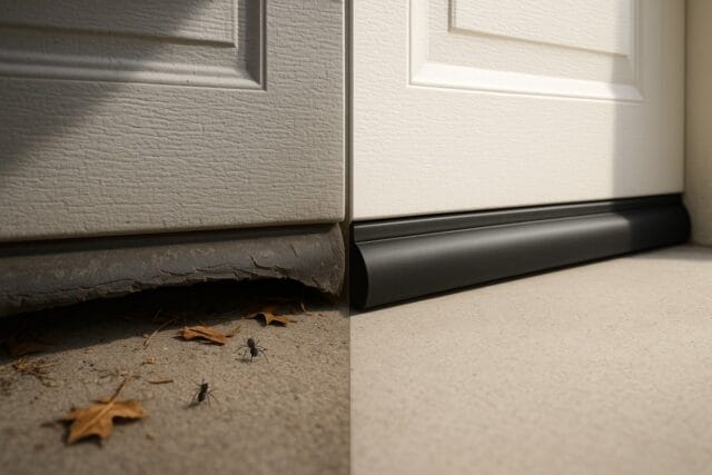 Before and after garage door weather stripping showing improved bottom seal against pests and debris.