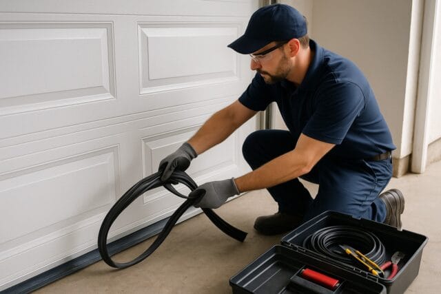 Expert Garage Door Maintenance in Maine: Reliable Service for Your Home 2 Technician performing garage door maintenance by installing a new rubber bottom seal for better insulation and protection.