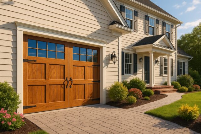 The Complete Guide to Garage Door Tune-Ups in Maine: Expert Tips from Alpine Garage Doors New England 2 Beautiful home exterior after a Garage door tune-up, featuring a well-maintained wooden garage door enhancing curb appeal and functionality.