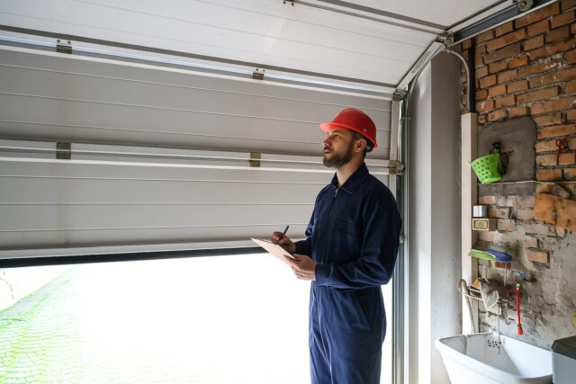 Garage door repair technician inspecting an open garage door with a clipboard.