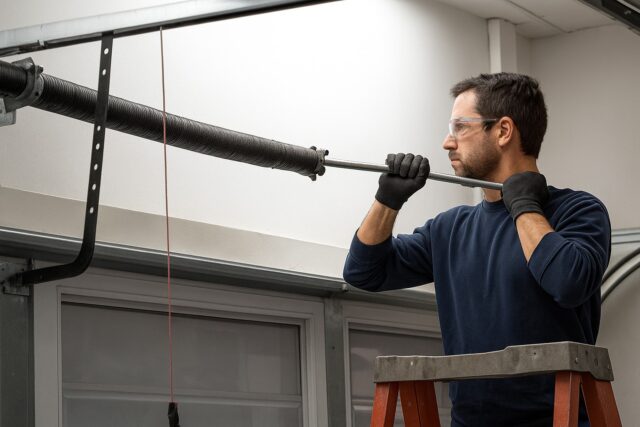 Garage door repair technician replacing a torsion spring while standing on a ladder, wearing safety glasses and gloves.
